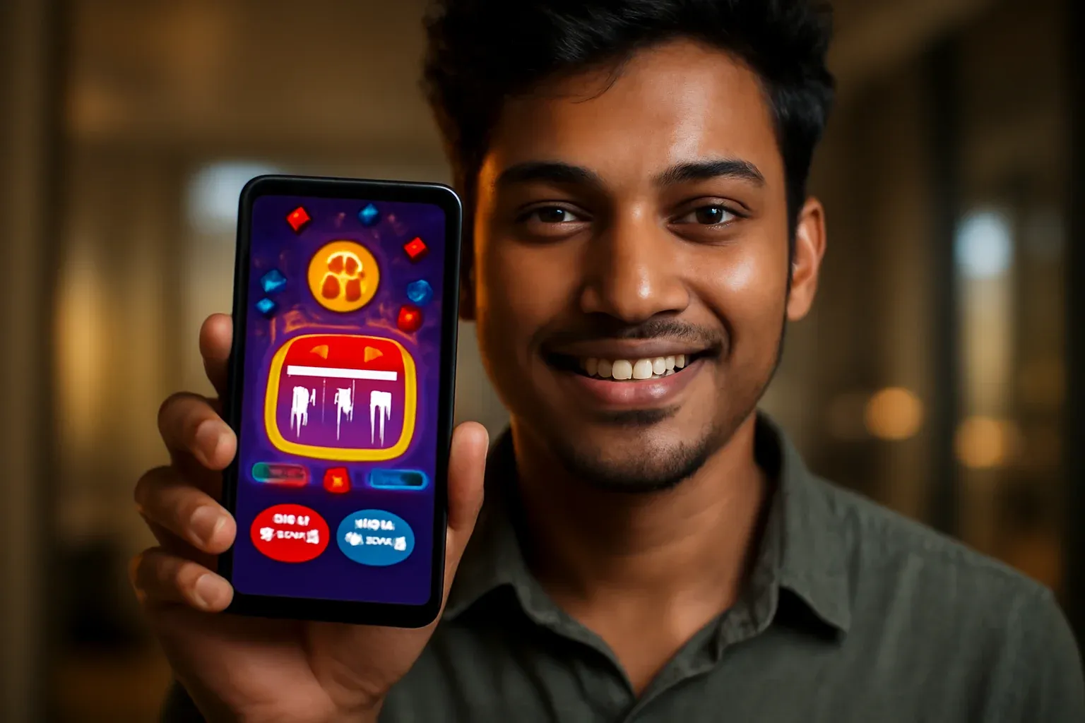 Young Bangladeshi man smiling holding smartphone showing colorful mobile casino app interface in modern apartment