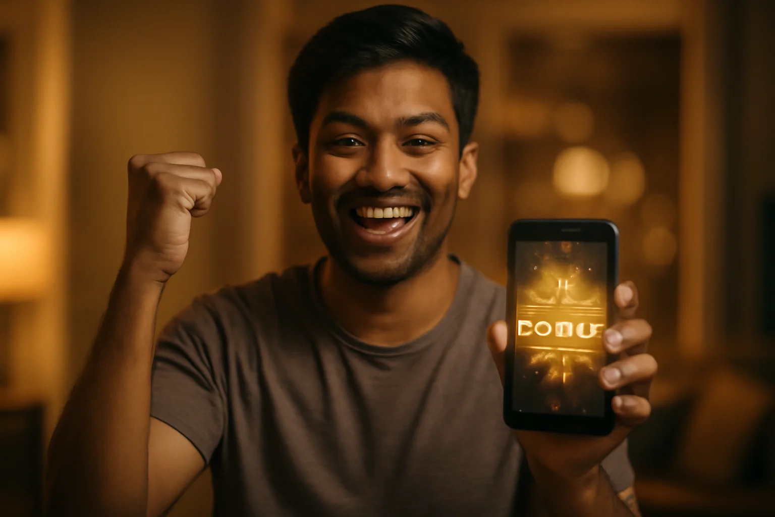 Happy young Bangladeshi man holding smartphone showing glowing golden bonus notification