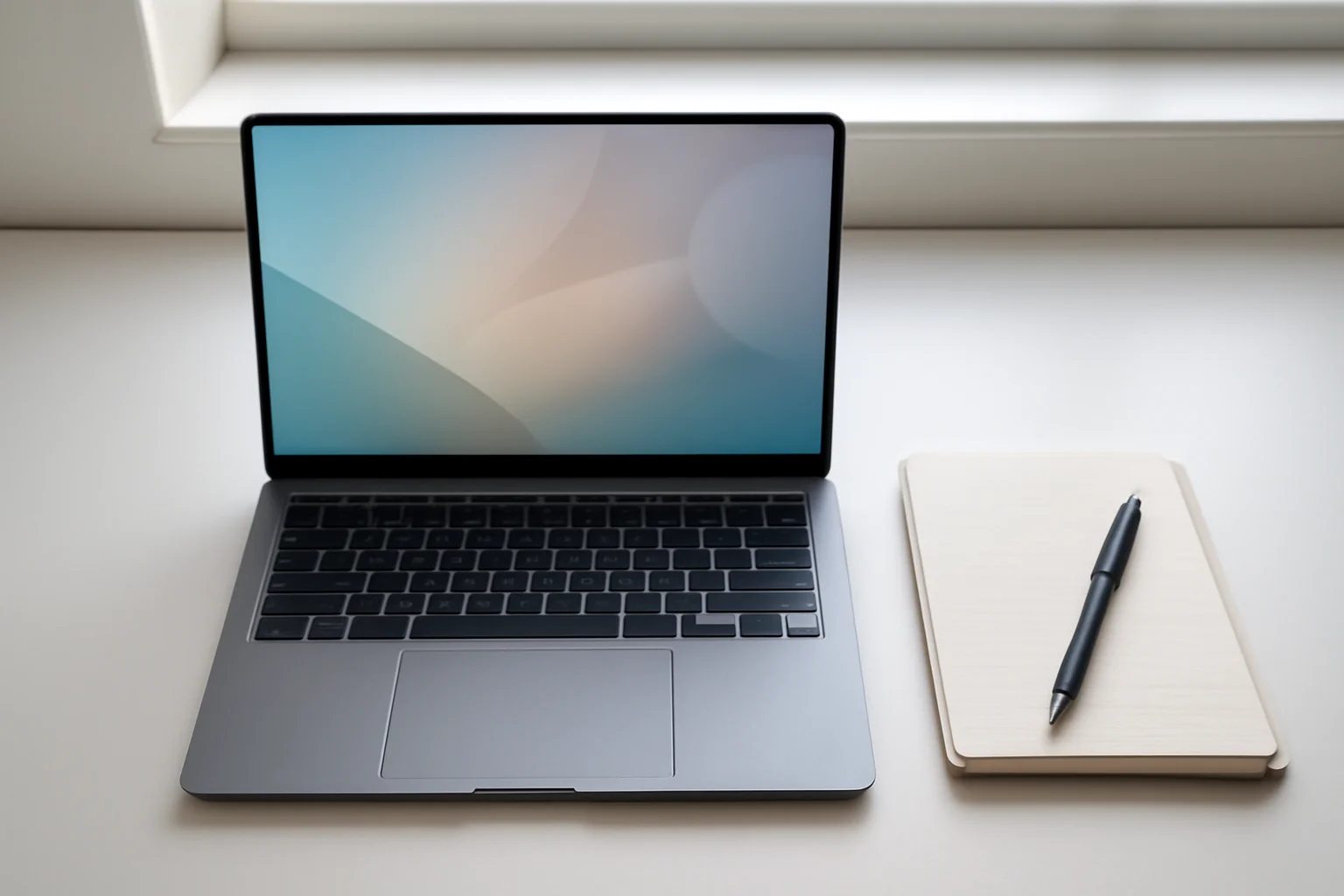 Hyperrealistic laptop on white desk with glowing abstract screen and notepad