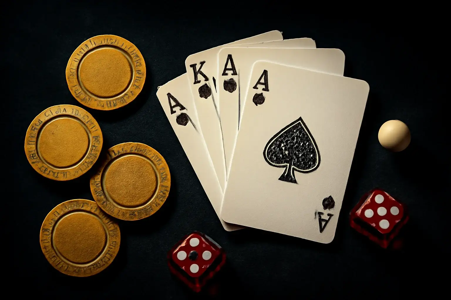 Top-down view of golden casino chips, playing cards, dice, and roulette ball on dark velvet surface with dramatic lighting