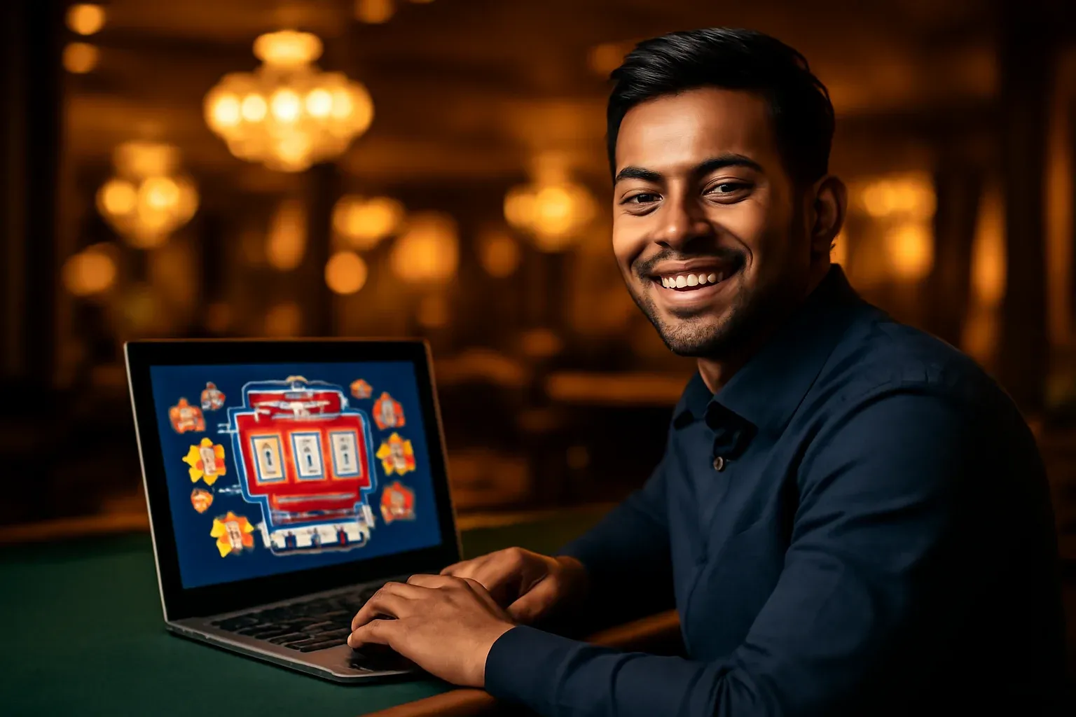Hyperrealistic portrait of a cheerful young Bangladeshi man in navy shirt at casino lounge with glowing laptop screen