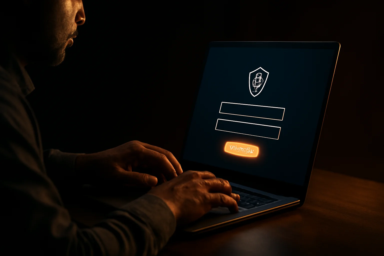 Close-up of Bangladeshi man’s hands on laptop with glowing login form