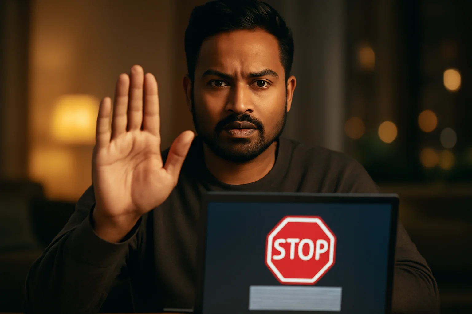Hyperrealistic photo of Bangladeshi man showing stop gesture with glowing laptop displaying stop shield icon and session-limit panel