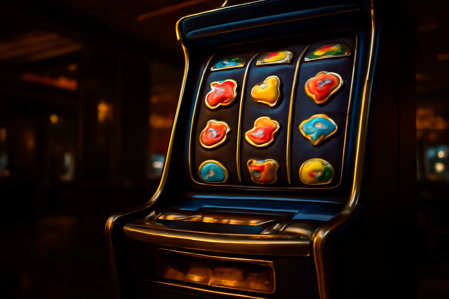 Ultra-detailed premium slot machine with glowing curved screen showing three vertical reels of vivid fruit and gem symbols in luxury casino